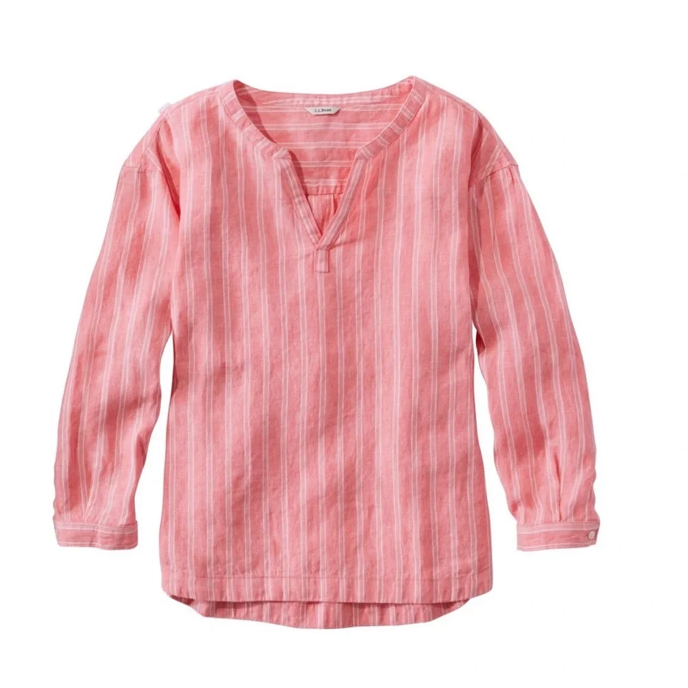 L.L. Bean Women's Premium Washable Linen Shirt, Splitneck Stripe - Picture 1 of 6